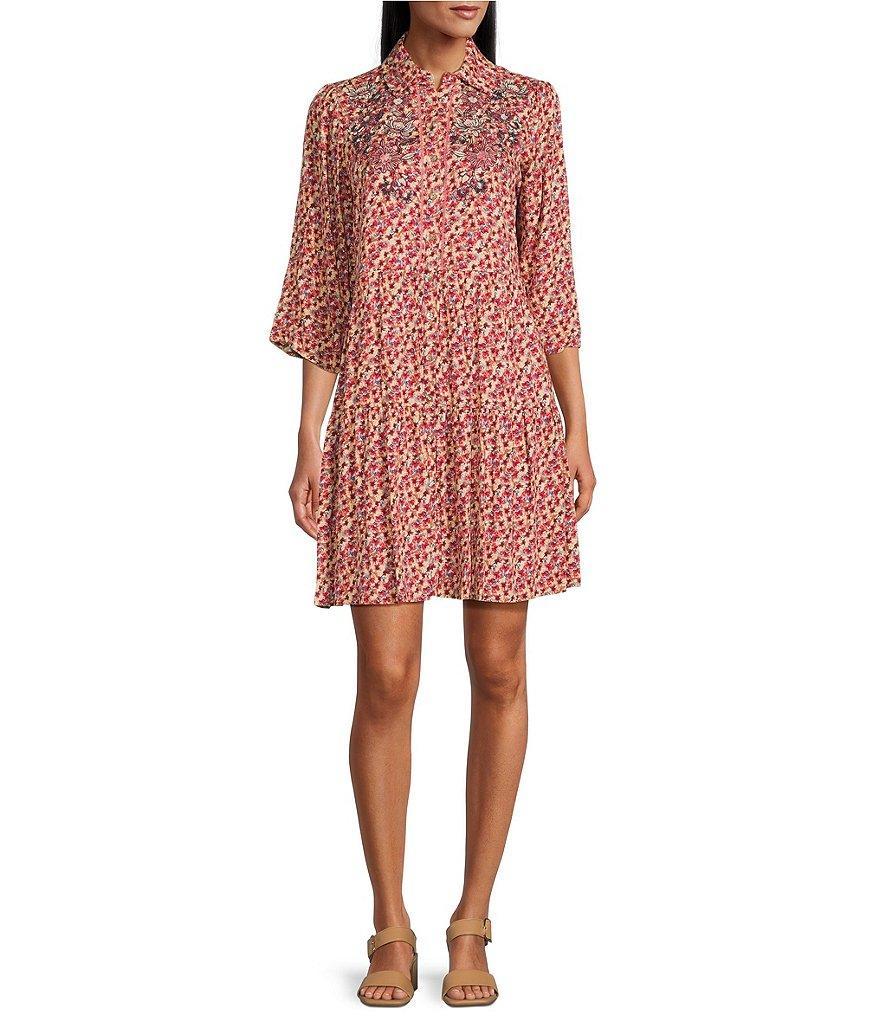 Nurture by Westbound Y-Neckline Embroidered Floral Button Front Roll Sleeve Tiered Short Dress Product Image