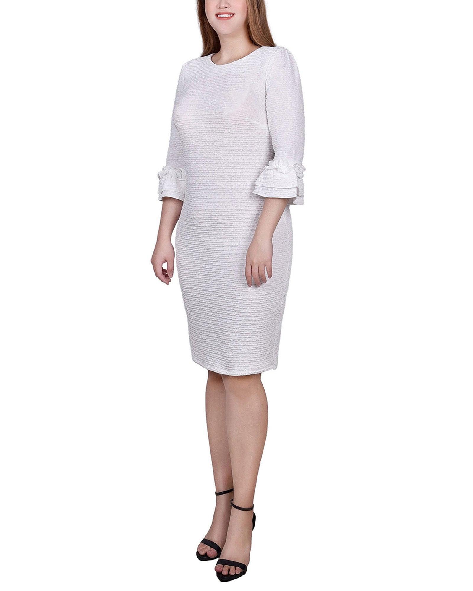 White 3/4 Sleeve Textured Knit Dress Product Image