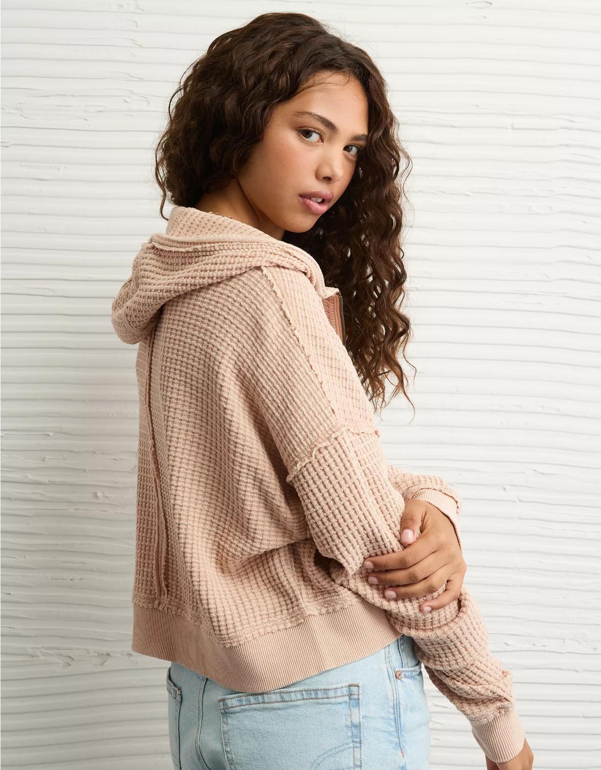 AE Cropped Waffle Zip-Up Hoodie Product Image