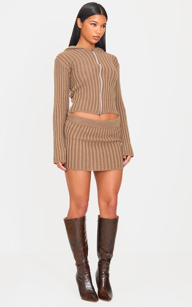 Chocolate Two Tone Knitted Zip Up Cardigan Product Image