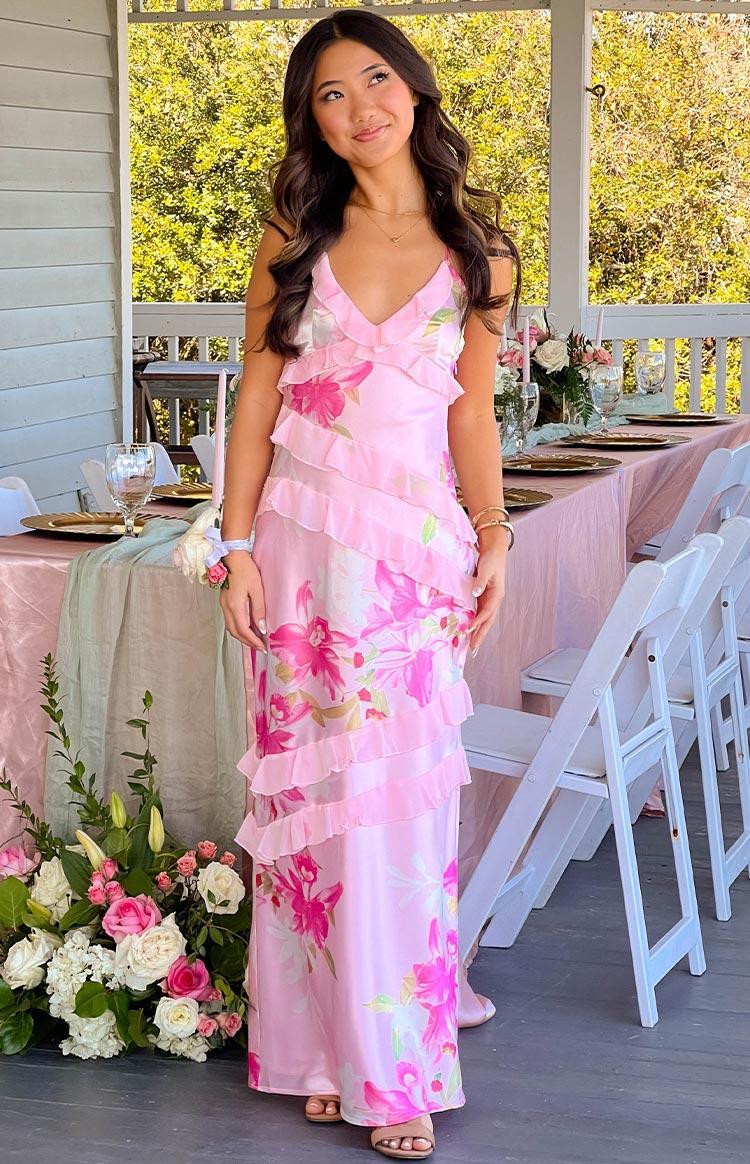 Inara Pink Floral Print Ruffle Maxi Dress Product Image