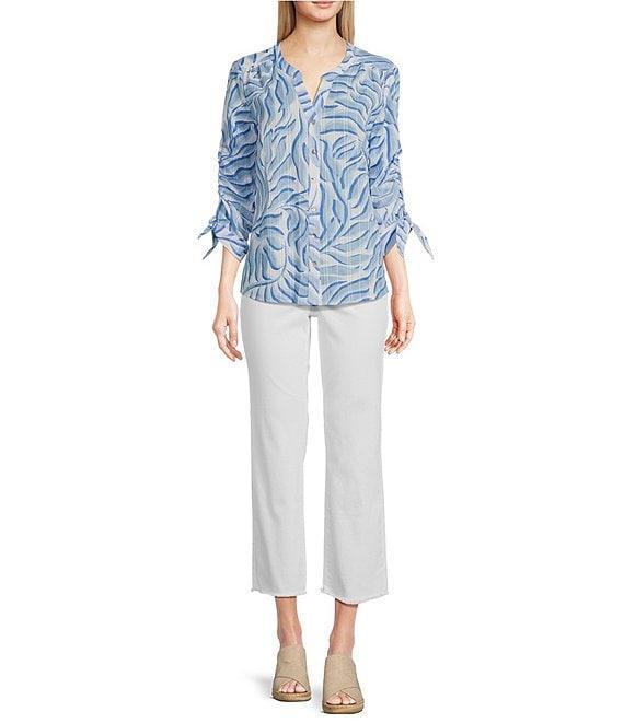 Tru Luxe Jeans Dobby Stripe Printed Split V-Neck 3/4 Sleeve Button Front Top Product Image