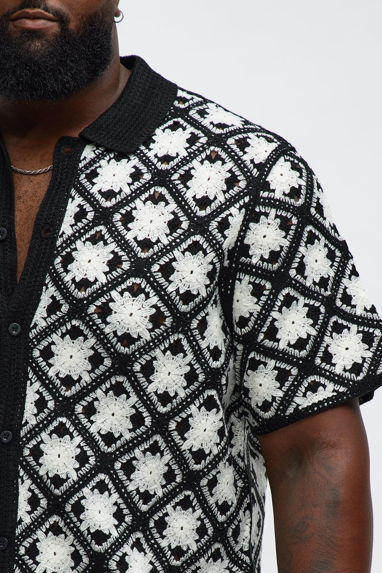 Crochet Starry Diamonds Closed Collar Shirt - Black/White Product Image