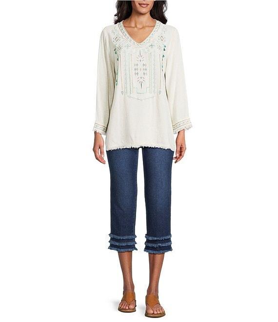 Multiples Petite Size Embroidered Textured V-Neck 3/4 Sleeve Fringe Edge Top Product Image
