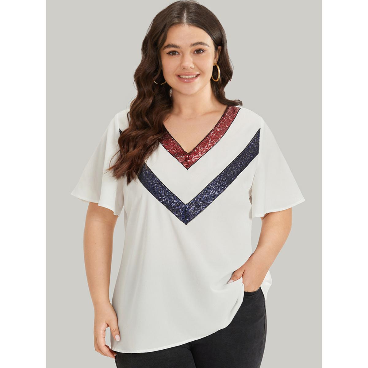 Plus Size White Contrast Webbing V Neck Ruffle Sleeve Blouse Women Party Short sleeve V-neck Going out Blouses BloomChic 10/M Product Image