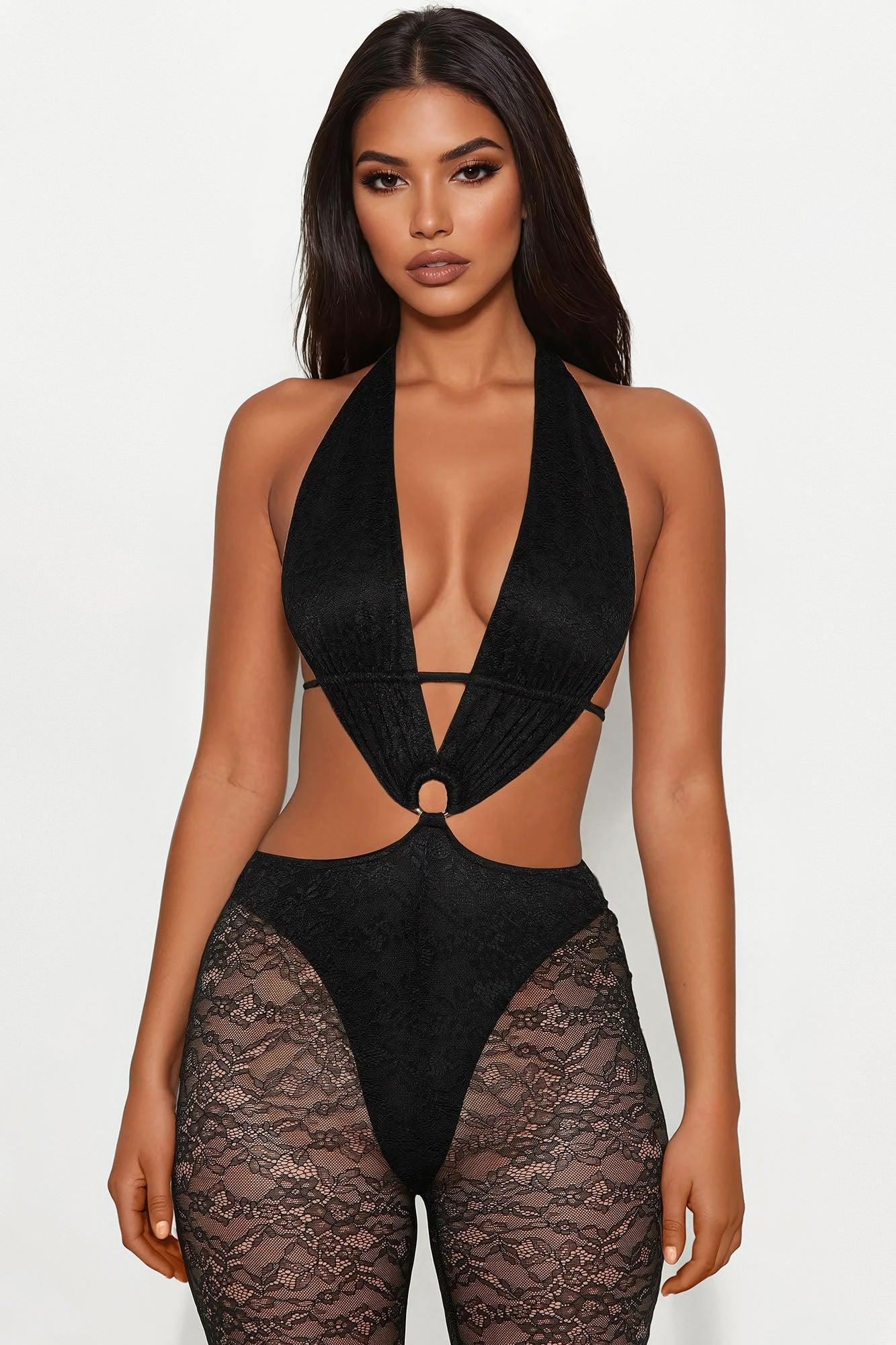 Lucky Night Lace Halter Jumpsuit - Black Product Image