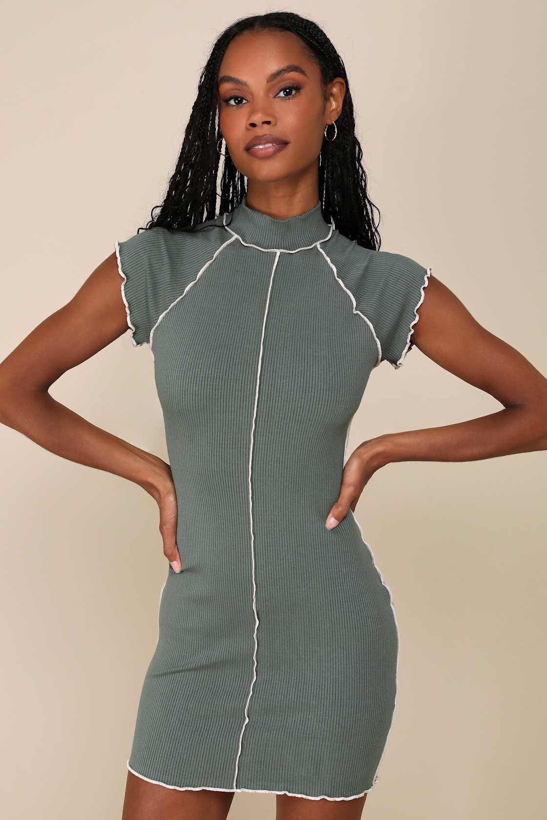 Cool Vibe Olive Green Ribbed Short Sleeve Mock Neck Mini Dress Product Image