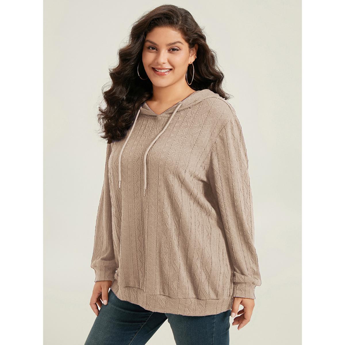 Plus Size Plain Textured Hooded Drawstring Sweatshirt Women LightBrown Casual Elastic cuffs Hooded Everyday Sweatshirts BloomChic 10/M Product Image