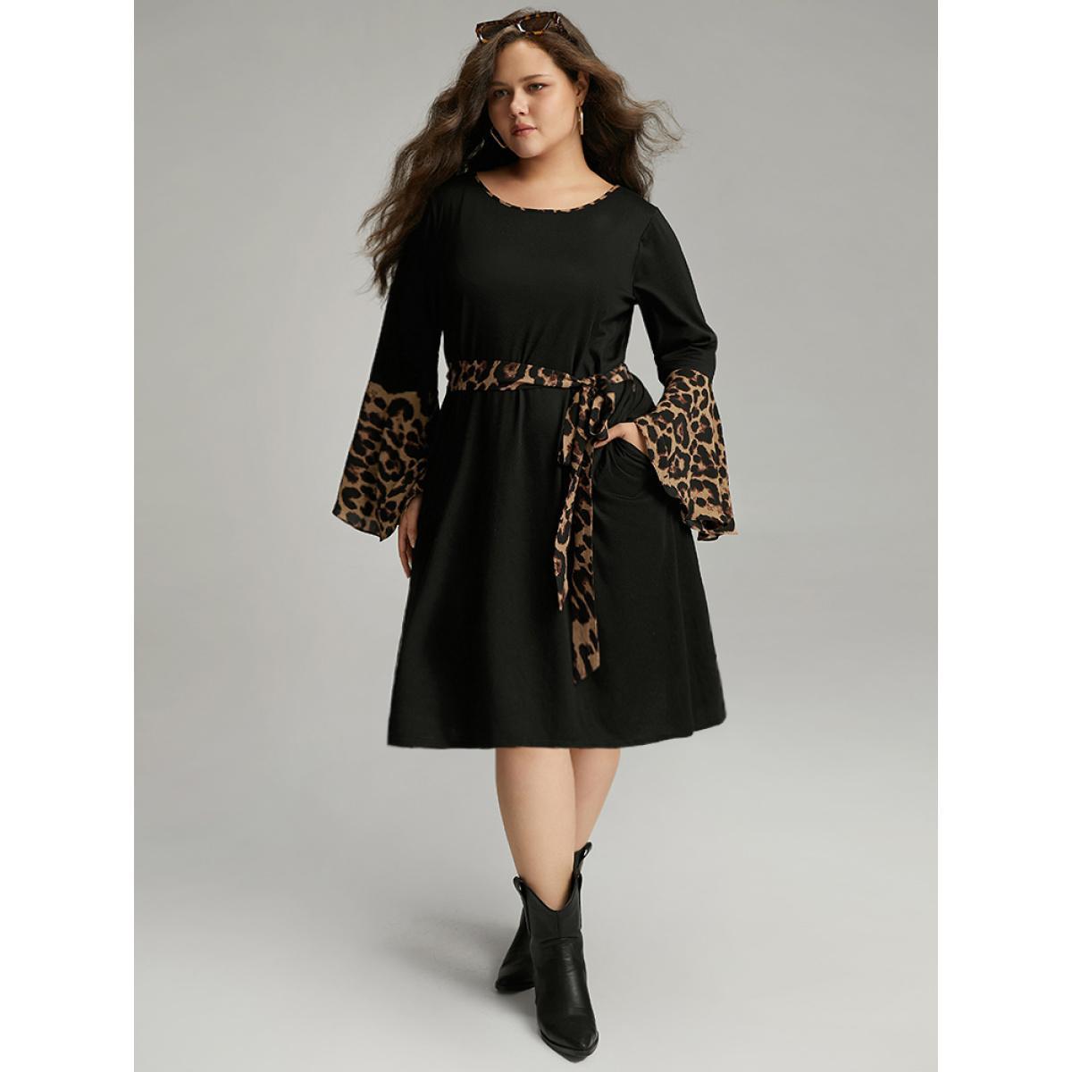 Plus Size Supersoft Essentials Leopard Bell Sleeve Belted Dress Black Women Casual Belted Round Neck Long Sleeve Curvy Knee Dress BloomChic 30/6X Product Image