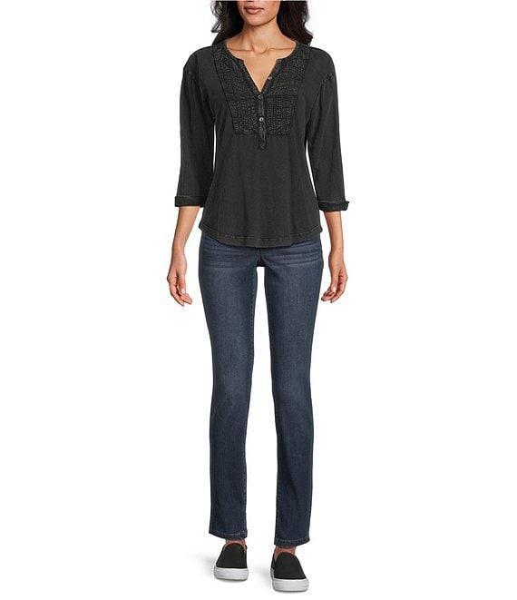 Westbound Knit 3/4 Sleeve Solid Henley Neck Top Product Image