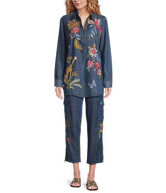 JOHNNY WAS Jane Lightweight Denim Placement Embroidery Point Collar Half-Zip Long Sleeve Shirt Tunic Product Image