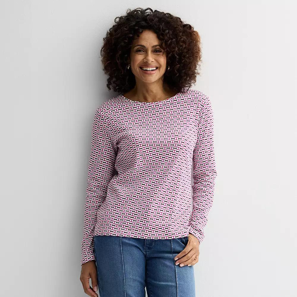 Women's Croft & Barrow® Essential Long-Sleeve Crewneck Tee, Size: Large, Pink Square Hearts Product Image