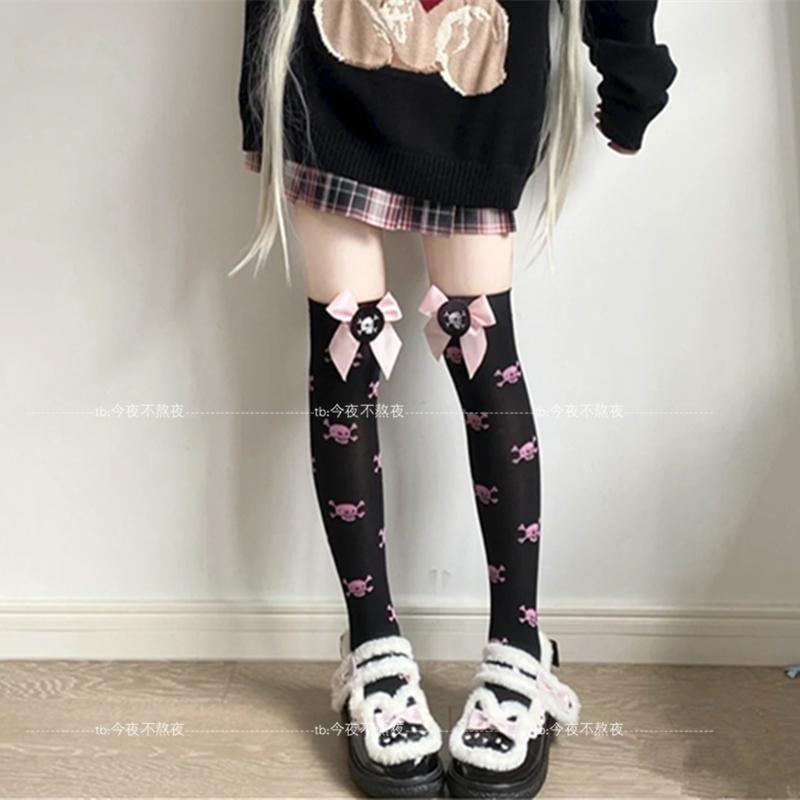 Skull Print Bow Over-the-Knee Socks Product Image