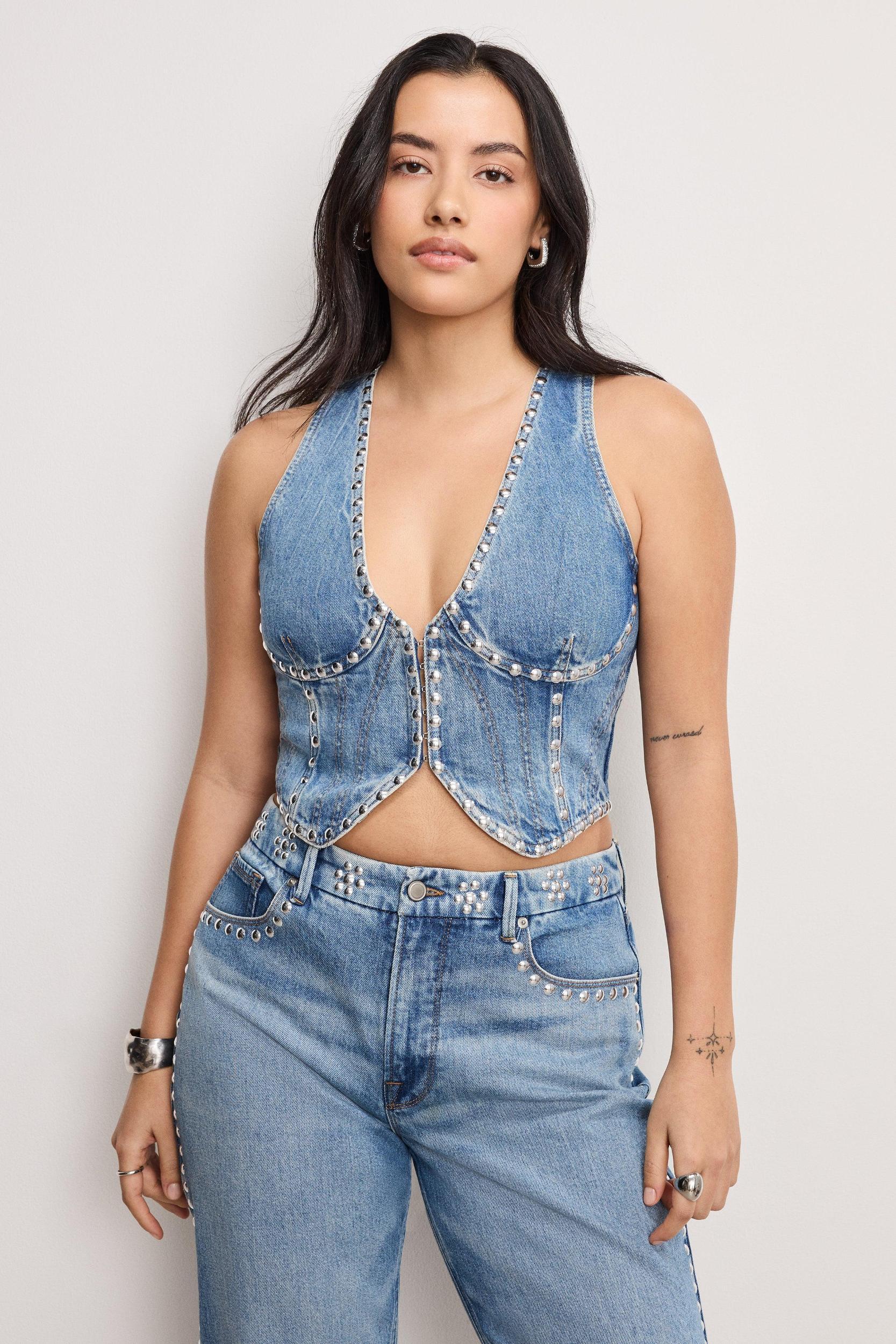 STUDDED DENIM VEST | INDIGO895 Product Image
