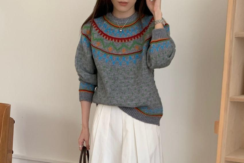 Crew Neck Patterned Sweater Product Image