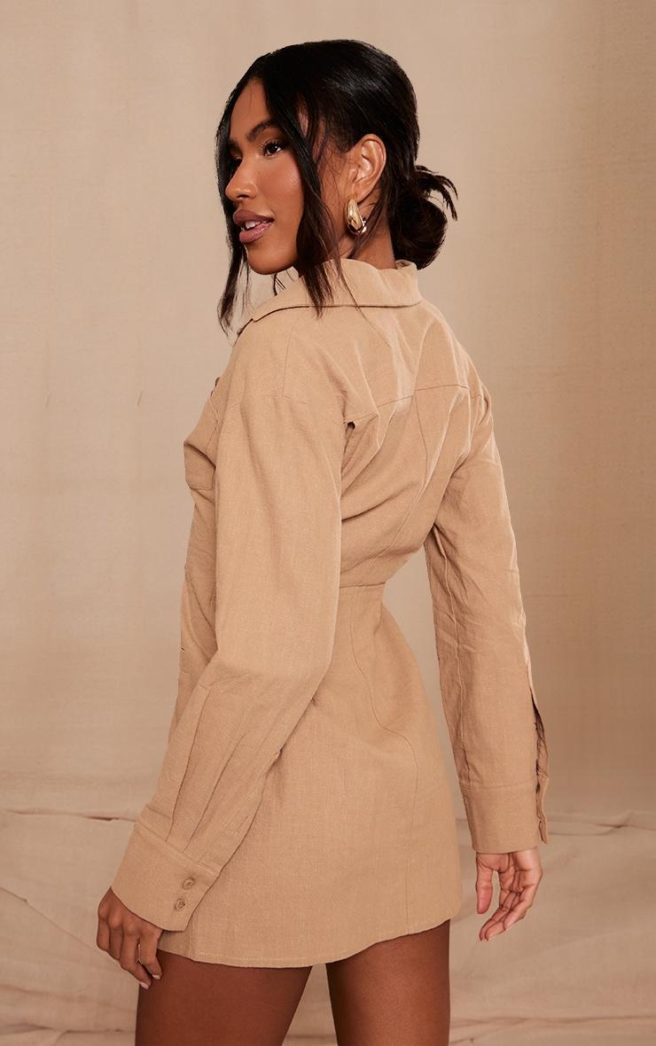 Khaki Fitted Premium Linen Look Shirt Dress Product Image