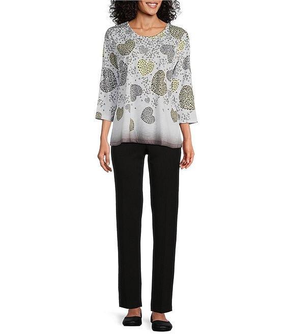 Allison Daley Petite Size Embellished Cascading Hearts Print 3/4 Sleeve Crew Neckline Knit Top Product Image