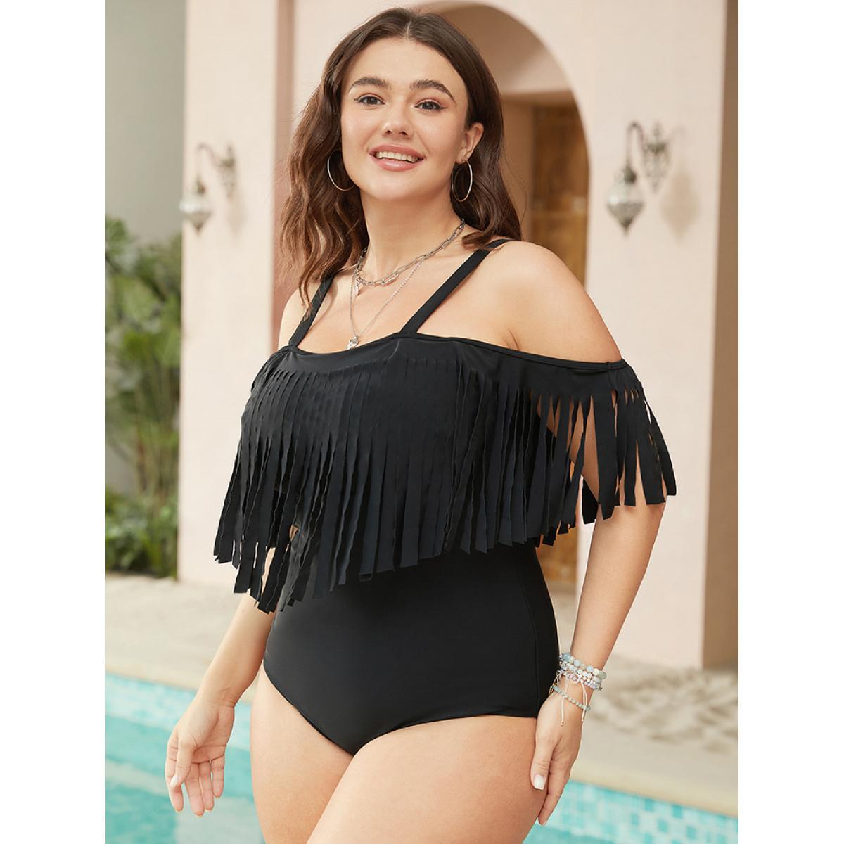 Plus Size Cold Shoulder Fringe Trim One Piece Swimsuit Women's Swimwear Black Vacation Adjustable Straps Curve Bathing Suits High stretch One Pieces BloomChic 28/5X Product Image