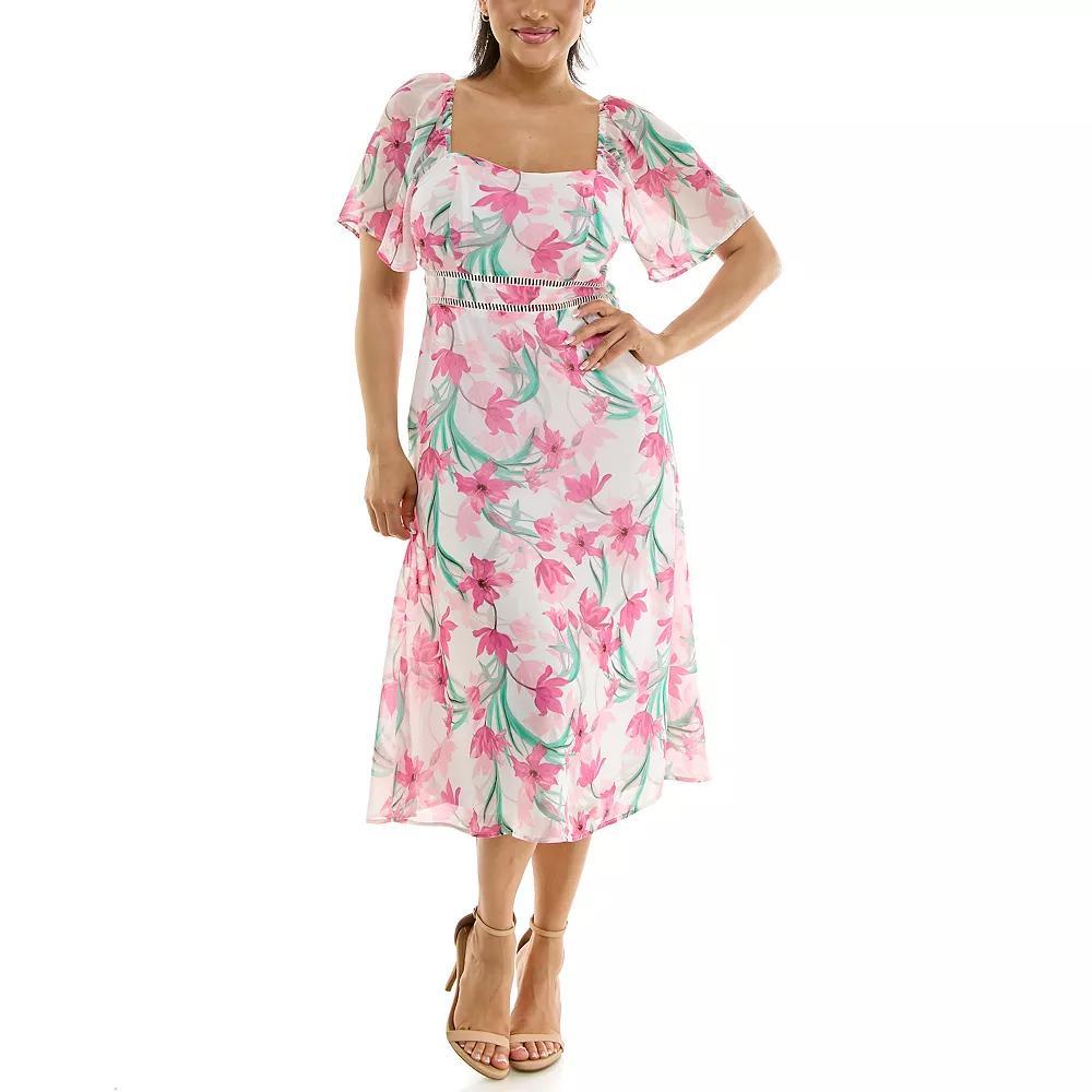 Womens Nina Leonard Floral Flutter Sleeve Sweetheart Neck Dress Product Image