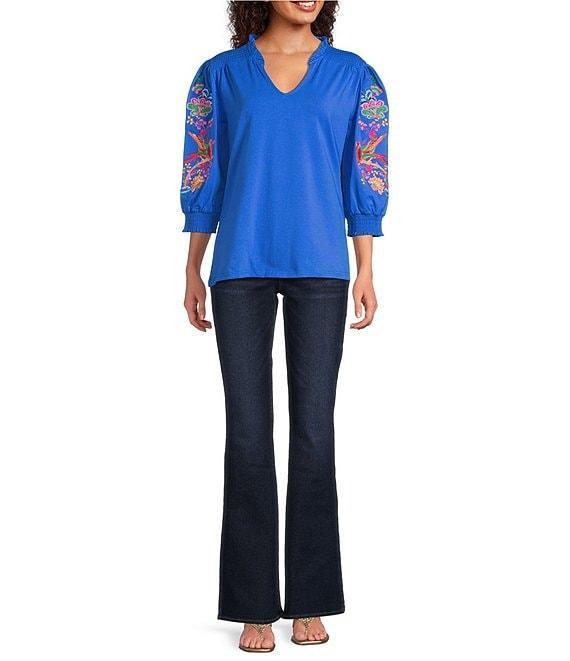 Calessa Embroidered Split V-Neck 3/4 Sleeve Tunic Product Image