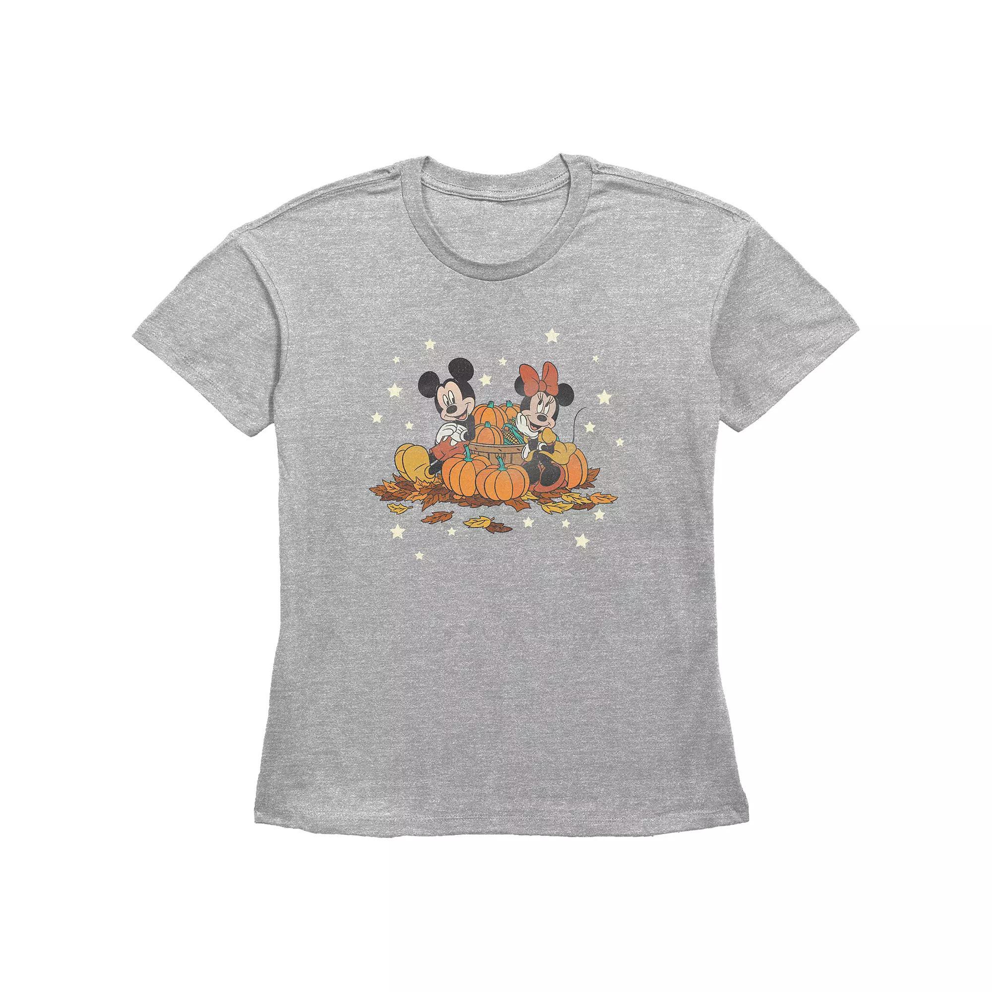 Disneys Mickey Mouse And Minnie Mouse Pumpkin Harvest Womens Graphic Tee Grey Gray Product Image
