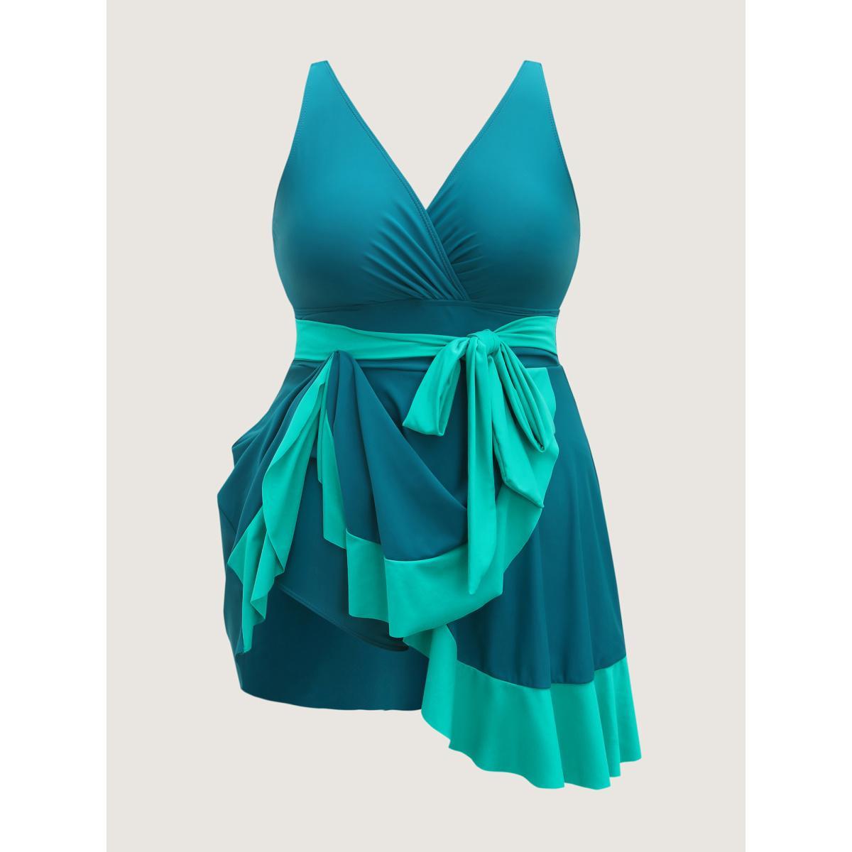Plus Size Color Block Ruffled Hem Swim Dress Women's Swimwear Teal Beach Bodycon Overlap Collar High stretch Curve Swim Dresses BloomChic 26/4X Product Image