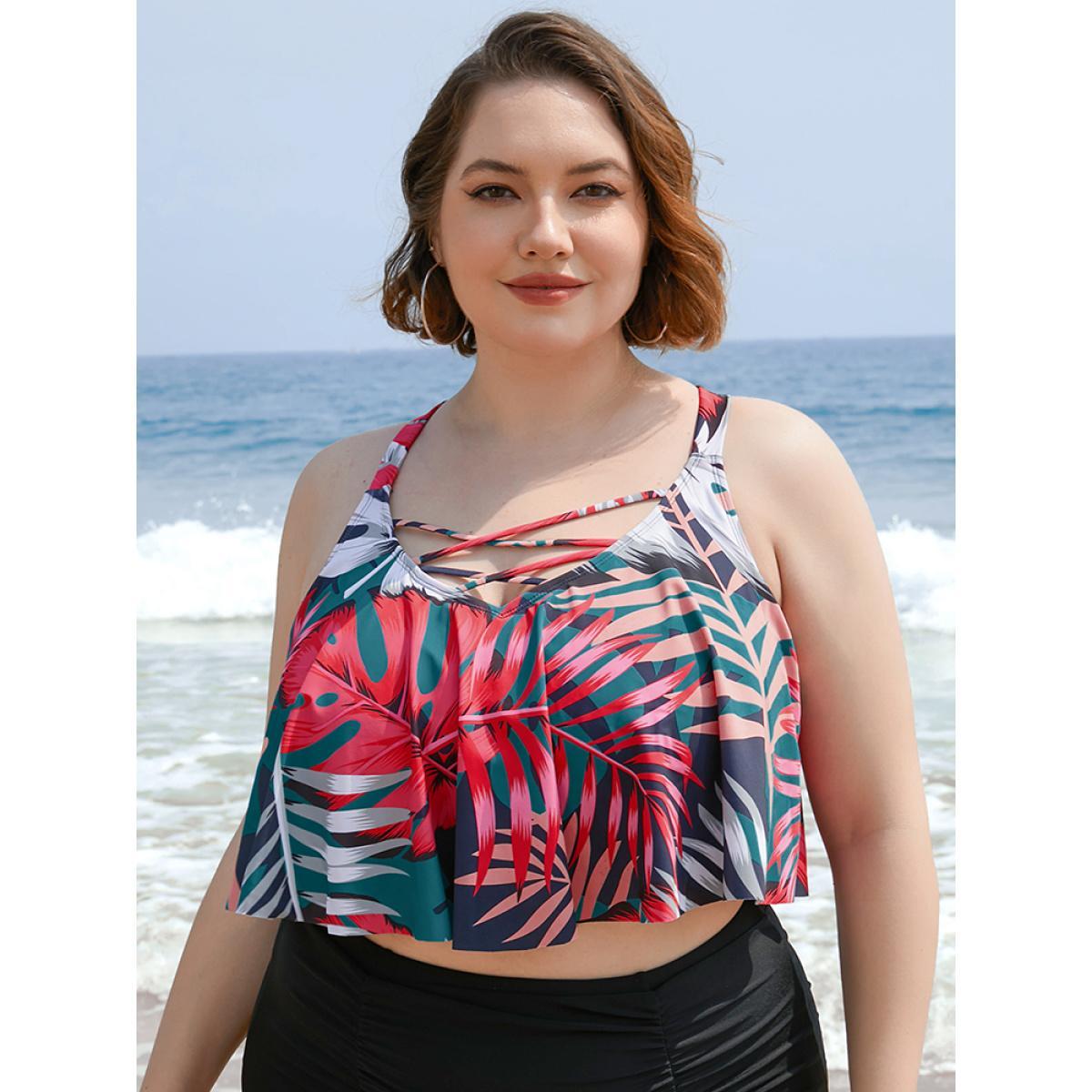 Plus Size Leaf Print Contrast Ruffle Crisscross Front Tankini Top Women's Swimwear Indigo Vacation Adjustable Straps High stretch Bodycon V-neck Curve Swim Tops BloomChic 10/M Product Image