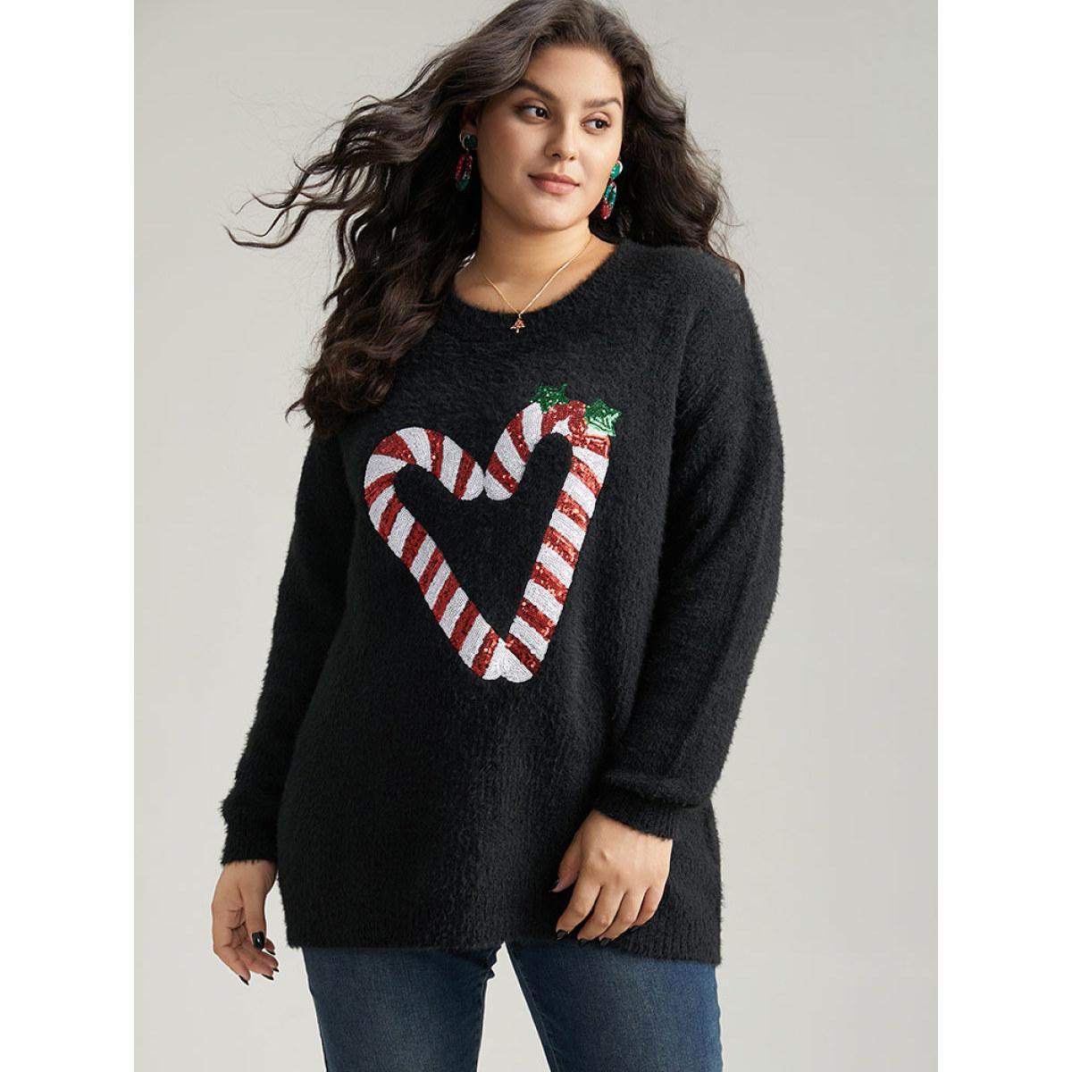 Plus Size Sequin Christmas Heart Graphic Pullover Black Women Casual Loose Long Sleeve Round Neck Festival-Christmas Pullovers BloomChic 30/6X Product Image