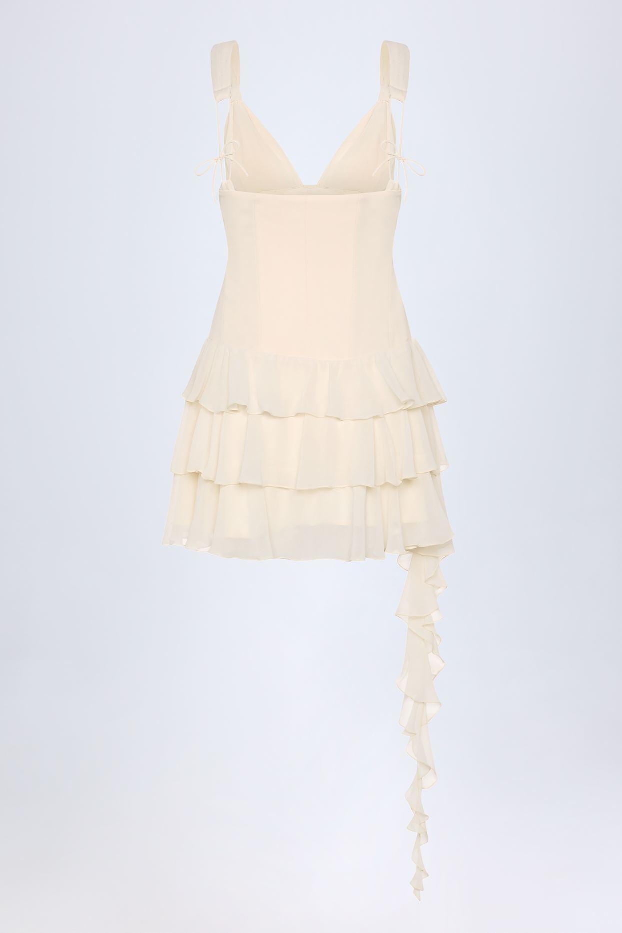 Lace-Up Ruffled Tiered Mini Dress in Ivory Product Image