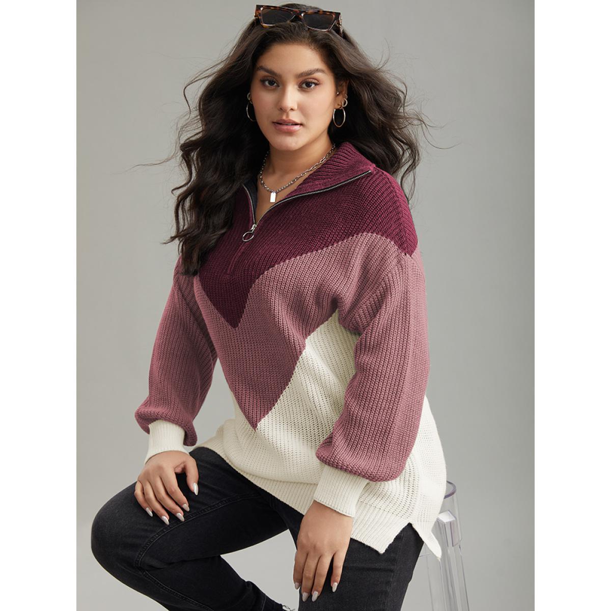 Plus Size Colorblock Patchwork Zipper Lapel Collar Pullover Burgundy Women Casual Long Sleeve Lapel Collar Everyday Pullovers BloomChic 26/4X Product Image