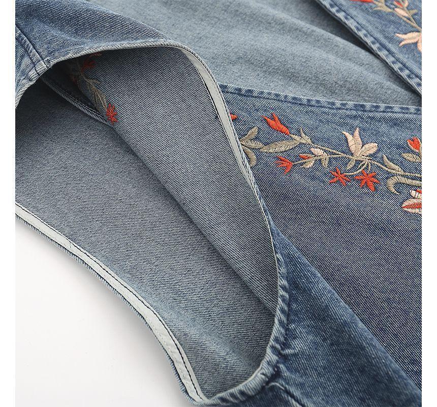 V-Neck Floral Embroidered Button Denim Vest Product Image