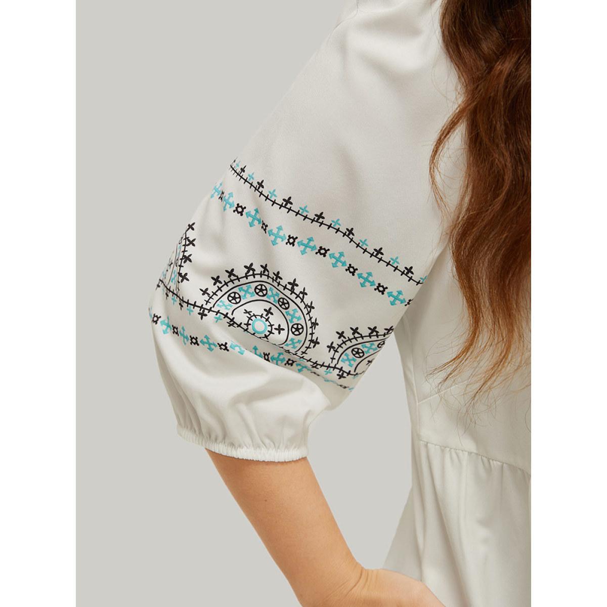 Plus Size Bandana Print Tassels Lantern Sleeve Pocket Midi Dress White Women Vacation Tassels Tie Neck Elbow-length sleeve Curvy Midi Dress BloomChic 28/5X Product Image