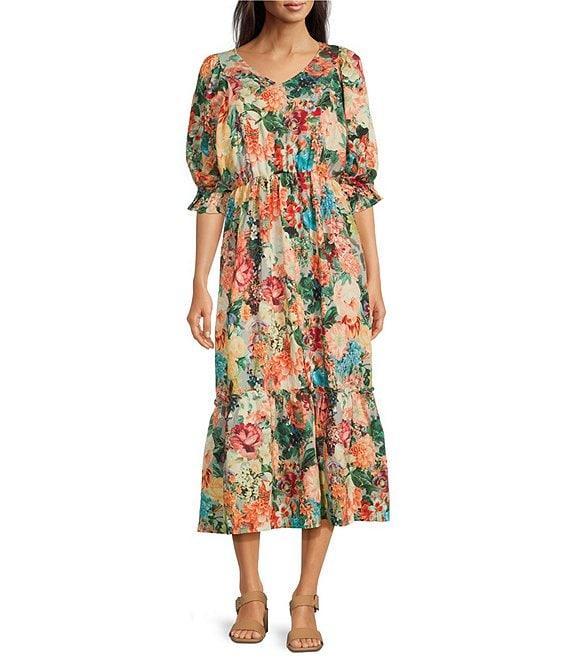 Calessa Vintage Floral V-Neck Elbow Sleeve A-Line Midi Dress Product Image