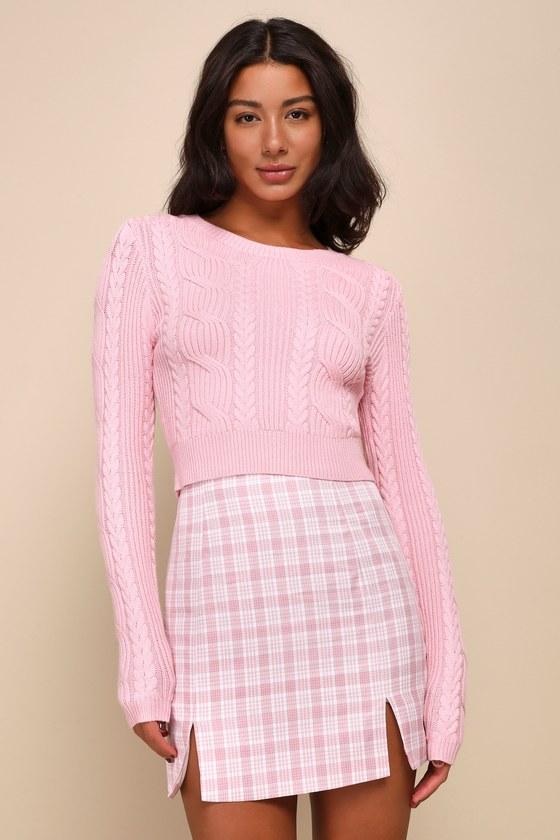 Cuddly Contentment Light Pink Cable Knit Cropped Sweater Product Image
