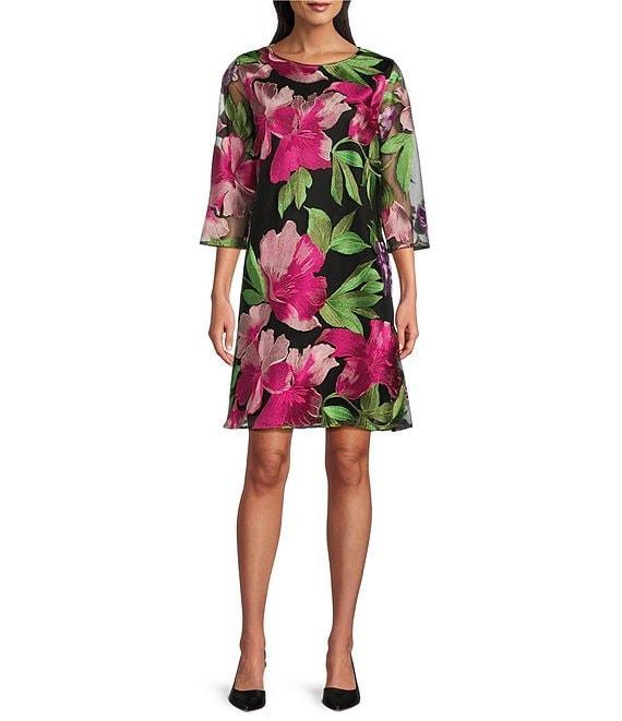 Caroline Rose Abundant Blooms Embroidered Mesh Round Neck 3/4 Sleeve A-Line Dress Product Image