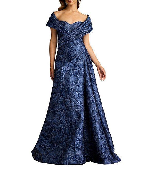 Tadashi Shoji Off-The-Shoulder Drape Front Floral Jacquard A-Line Gown Product Image