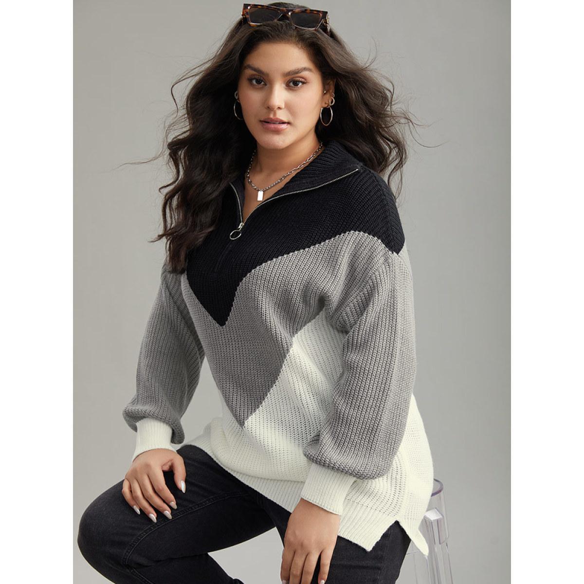 Plus Size Colorblock Patchwork Zipper Lapel Collar Pullover Multicolor Women Casual Long Sleeve Lapel Collar Everyday Pullovers BloomChic 26/4X Product Image