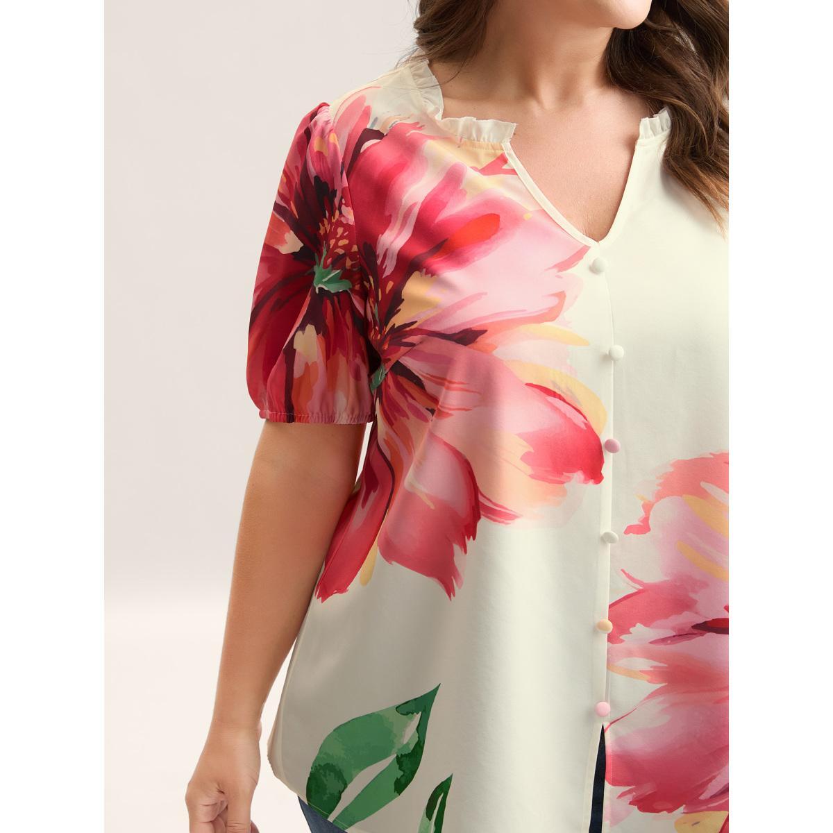 Plus Size Multicolor Floral Paradise Notched Collar Button Blouse Women Half Sleeve Notched collar Everyday-Elegant Blouses BloomChic 18-20/2X Product Image