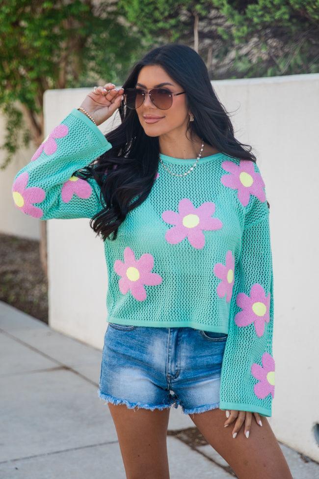 Follow You Around Mint And Pink Flower Embroidered Sweater FINAL SALE Product Image