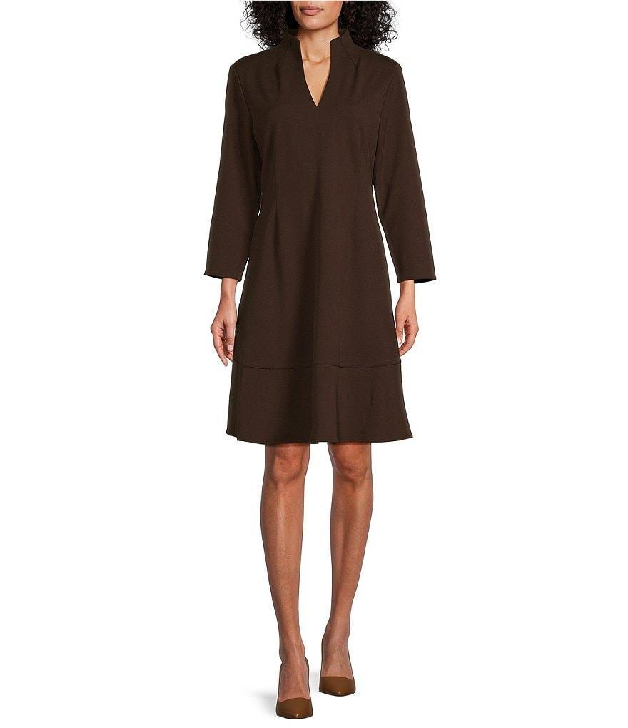 Ming Wang Deco Crepe Woven V-Neck 3/4 Sleeve Tiered Ruffled Hem A-Line Dress Product Image