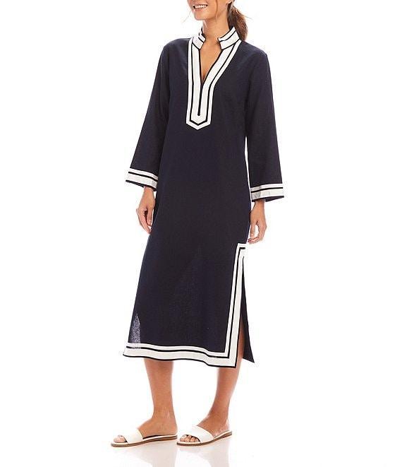 Karen Kane St. Tropez Mandarin Collar Split V-Neck 3/4 Sleeve Midi Dress Product Image