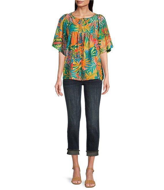 Tru Luxe Jeans Tropical Print Cotton Split Neck Elbow Sleeve Top Product Image