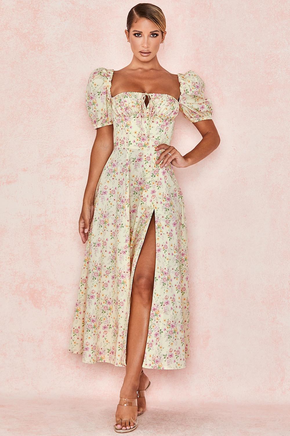 Tallulah Lemon Floral Puff Sleeve Midi Sundress Product Image