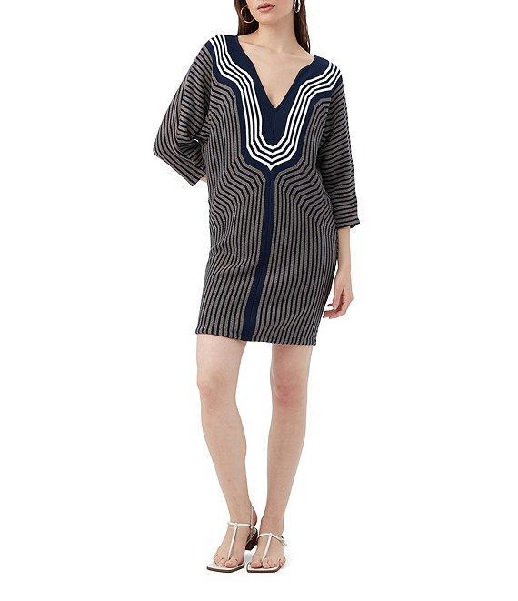 Trina Turk Gallivant Printed Rib Knit Deep V-Neck 3/4 Sleeve Sweater Dress Product Image