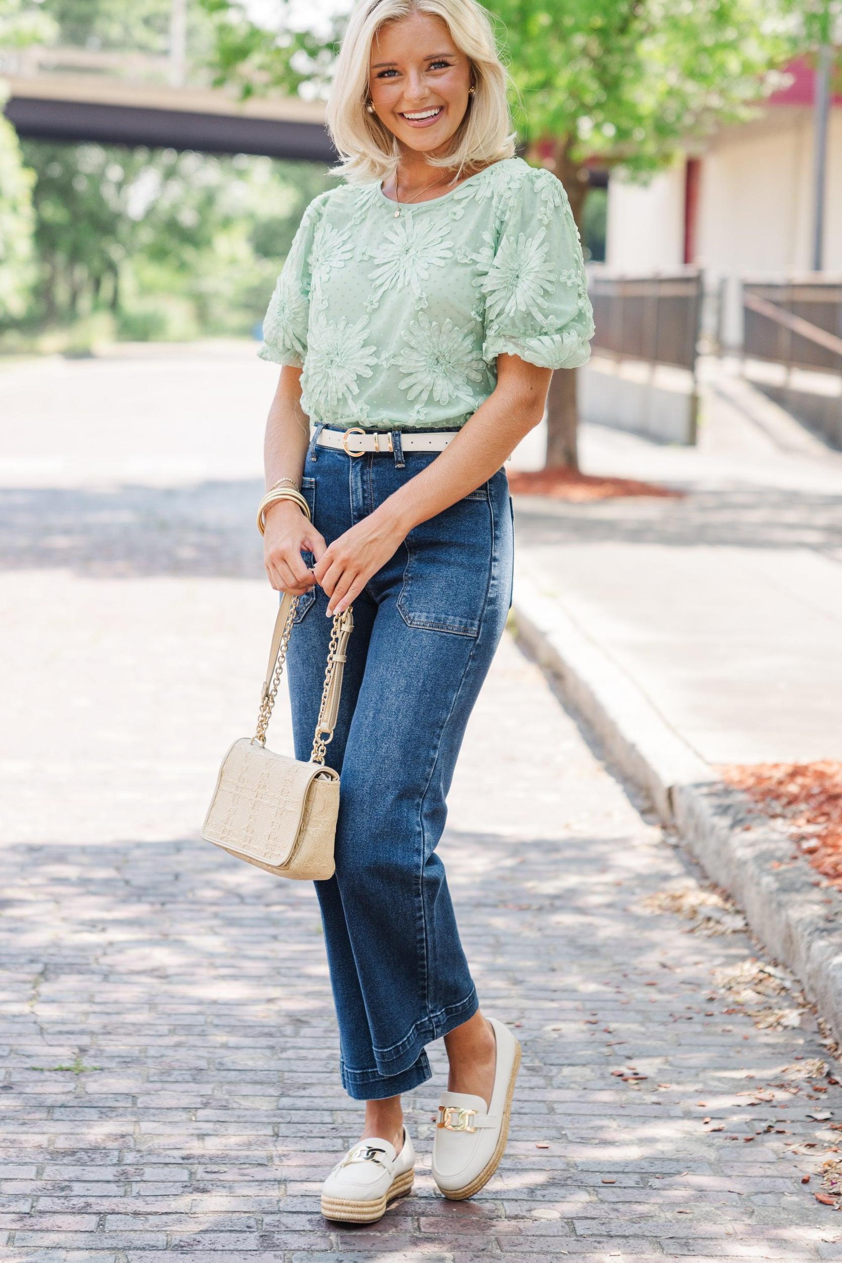 All In Favor Dusty Mint Textured Floral Blouse Female Product Image
