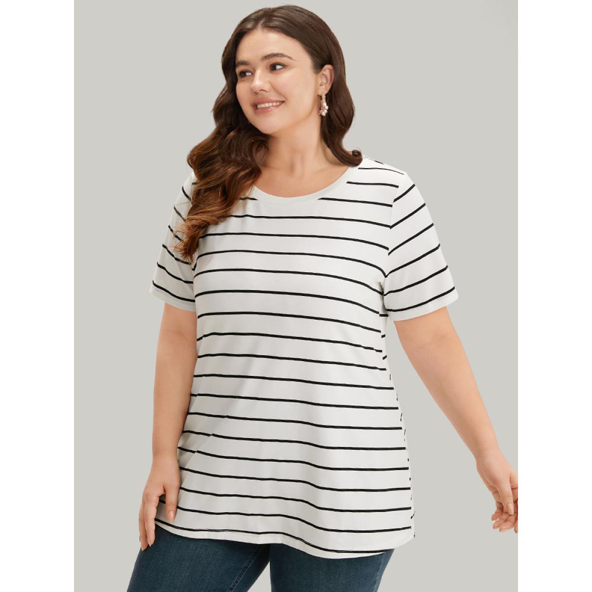Plus Size Striped Print Round Neck T-shirt White Women Casual Contrast Striped Round Neck Dailywear T-shirts BloomChic 18-20/2X Product Image