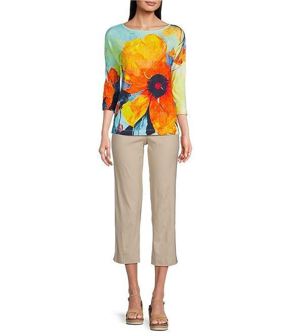 Ali Miles Knit Floral Round Neck 3/4 Dolman Sleeve Tunic Product Image