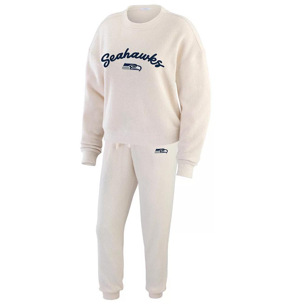 Women's WEAR by Erin Andrews  Oatmeal Seattle Seahawks Plus Size Rib-Knit Long Sleeve T-Shirt & Pants Lounge Set, Size: 1XL, Team Product Image