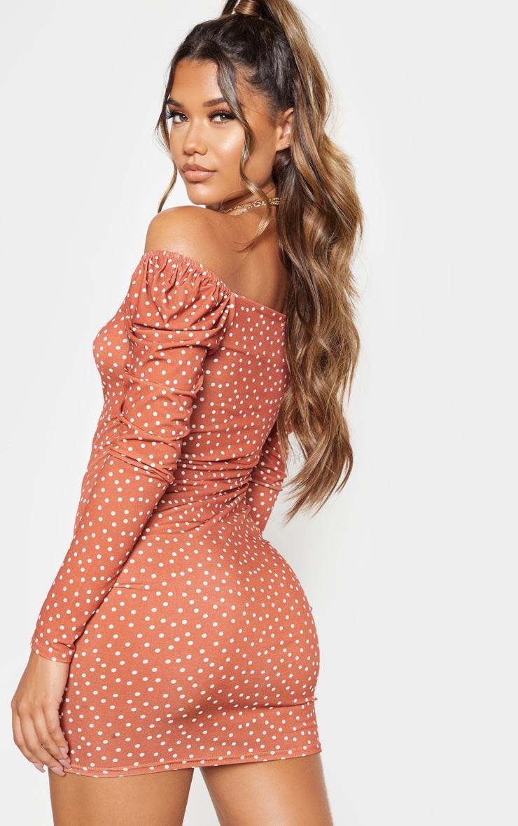 Terracotta Polka Dot Print Ruched Front Long Sleeve Bodycon Dress Product Image