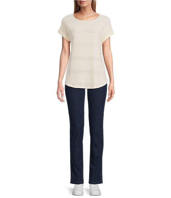 Ruby Rd. Petite Size Crochet Knit Boat Neck Short Button Tab Sleeve Top Product Image